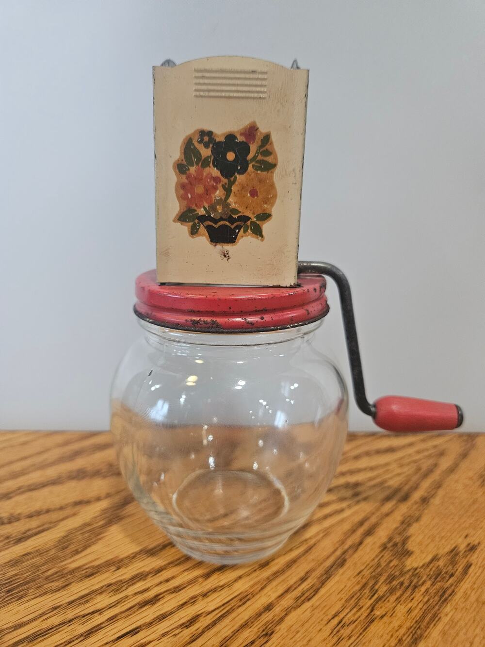 Vintage 1940s Androck Nut Chopper Grinder, Hazel Atlas Glass Jar, Metal Top
